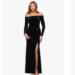 Off-Shoulder Black Velvet Evening Gown with Thigh Slit